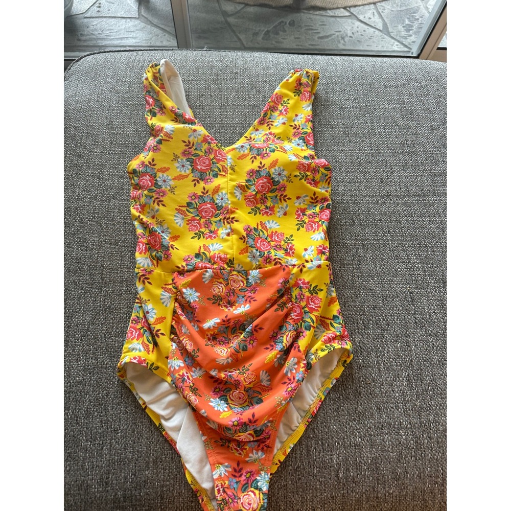 Matilda Jane Womens Yellow Floral One Piece Swimsuit Ruched Front Size SmallNWOT